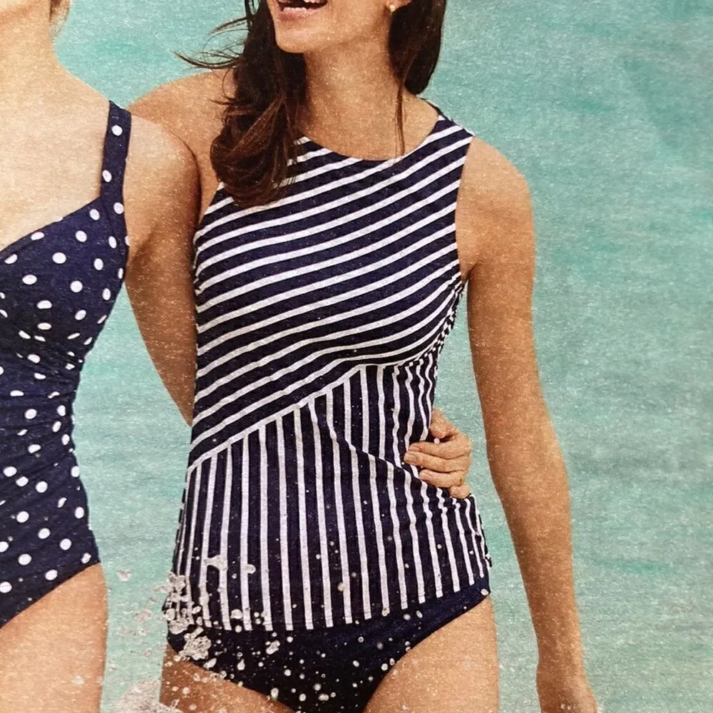 Land’s End Plus reg size high neck tankini blue white soft cup various sizes - Picture 3 of 5